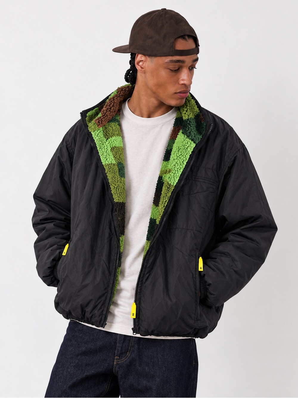 GOLF WANG Reversible Puzzle Camo Sherpa Fleece Coat Jacket XL Black Green